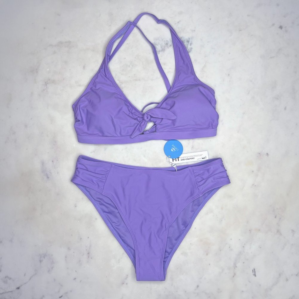 NWT Cupshe Katherine Purple Hollow Out Lace Up Ruched Bikini, Size XL